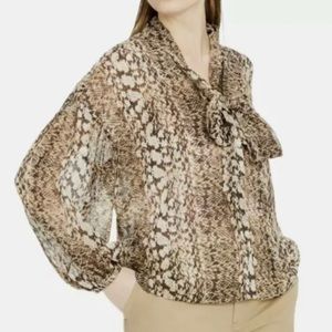 INC International Concepts Women’s Snake Print Blouse Tie Neck Sheer S Small